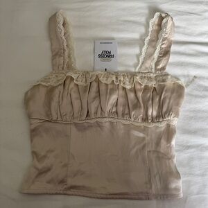 Ivory Satin Ruffle Top - From Acela Satin Set Cream